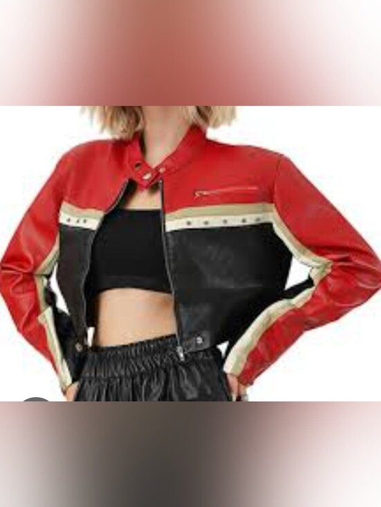 Apperloth Jackets & Blazers - Red Black Faux Leather Short Jacket Streetwear Snap Zipper Stand Neck Outerwear